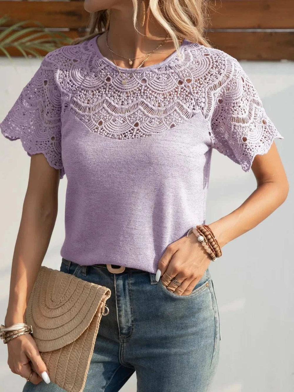 Round Neck Short Sleeve Crochet Top - Trendsi - Flyclothing LLC
