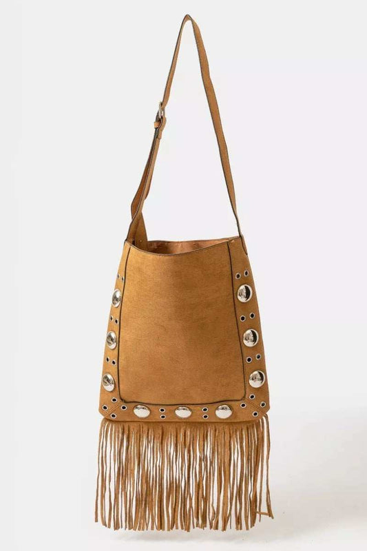 Fame Faux Suede Grommet Accent Fringe Tote Bag - Trendsi - Flyclothing LLC