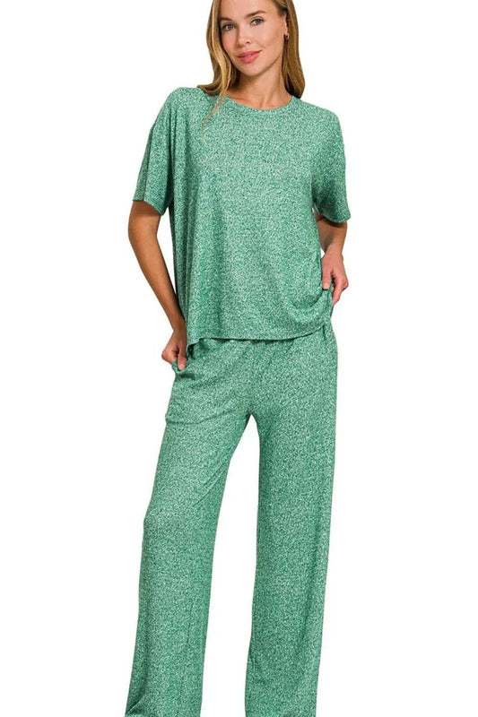 Zenana Soft Melange Short Sleeve Tee & Long Pants Set - Trendsi - Flyclothing LLC