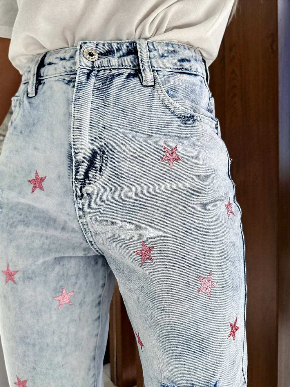 Distressed Star Straight Jeans with Pockets - Trendsi - Flyclothing LLC