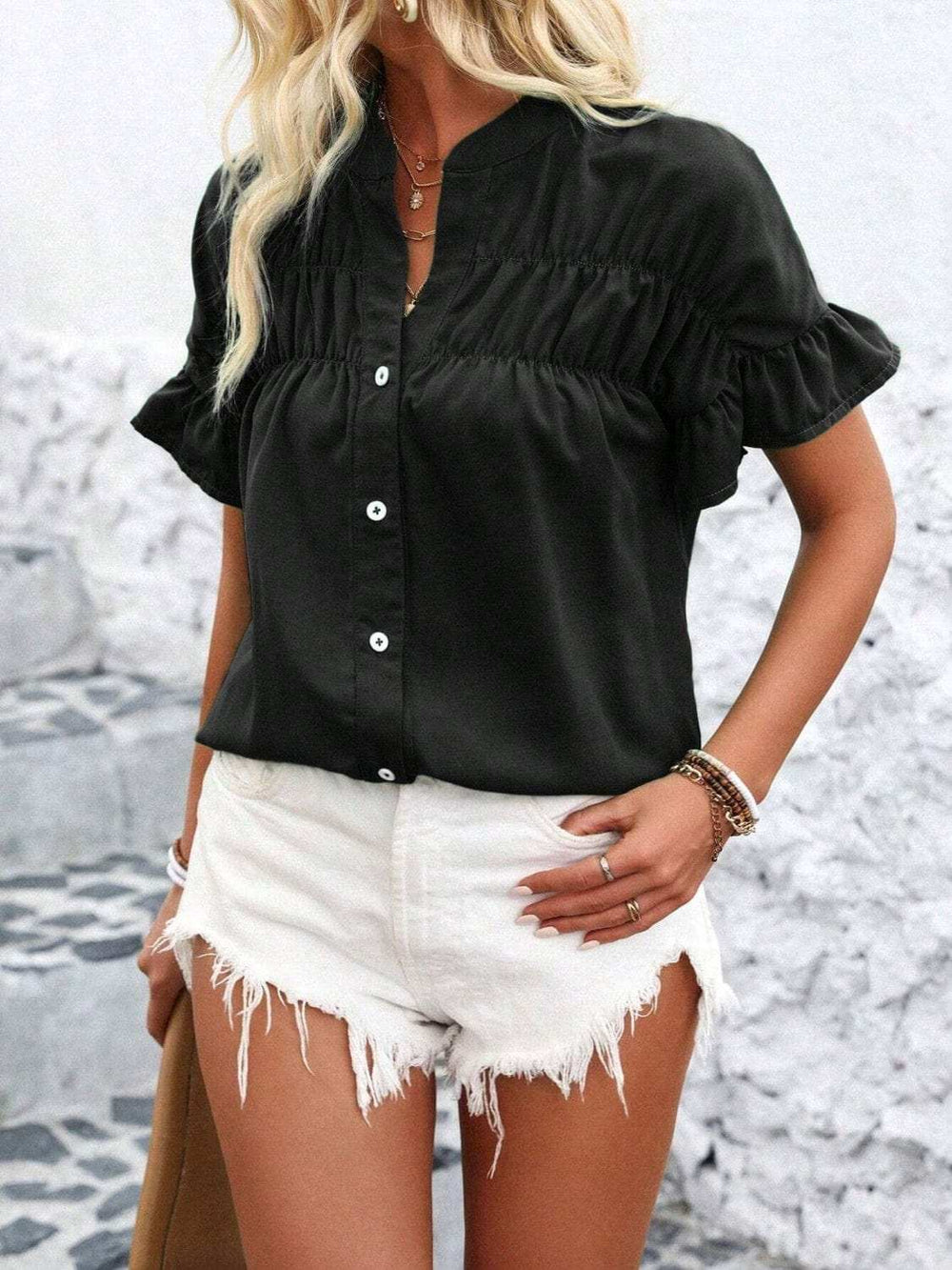 Button Down Ruffled Short Sleeve Shirt - Trendsi - Flyclothing LLC
