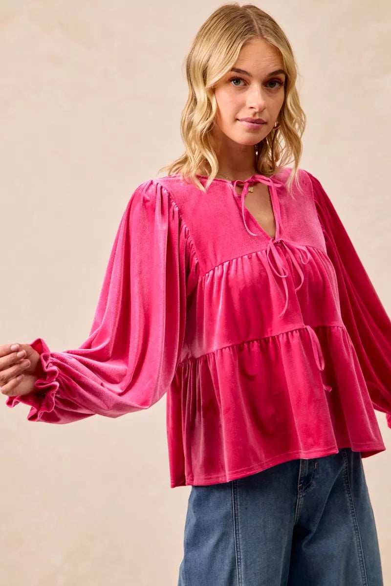 BiBi Christmas Theme Velvet Bow Tied Blouse - Trendsi - Flyclothing LLC