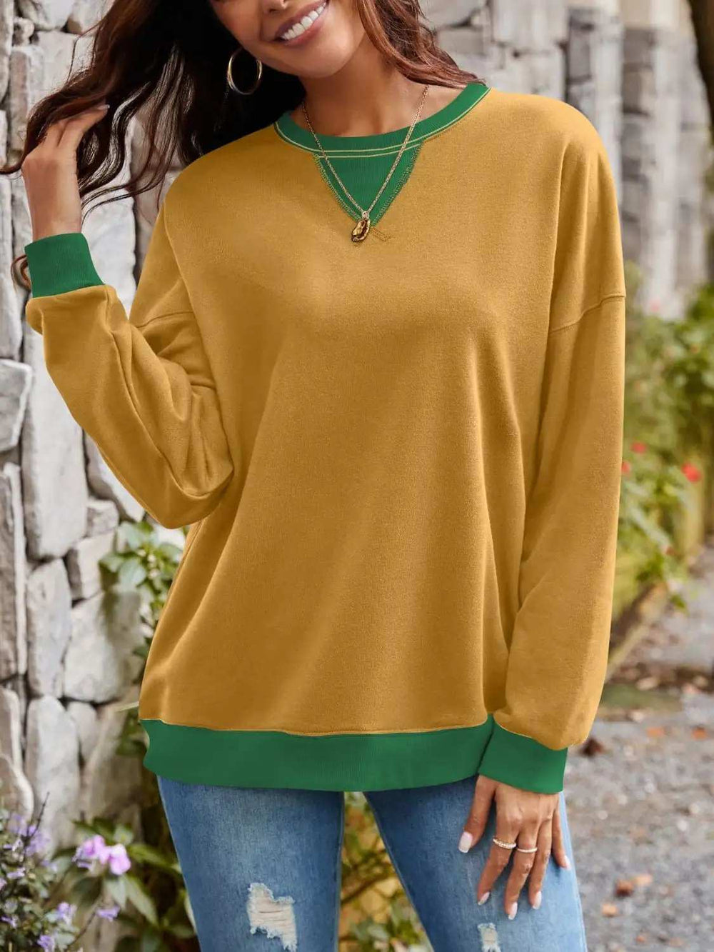 Contrast Round Neck Long Sleeve Sweatshirt - Trendsi - Flyclothing LLC