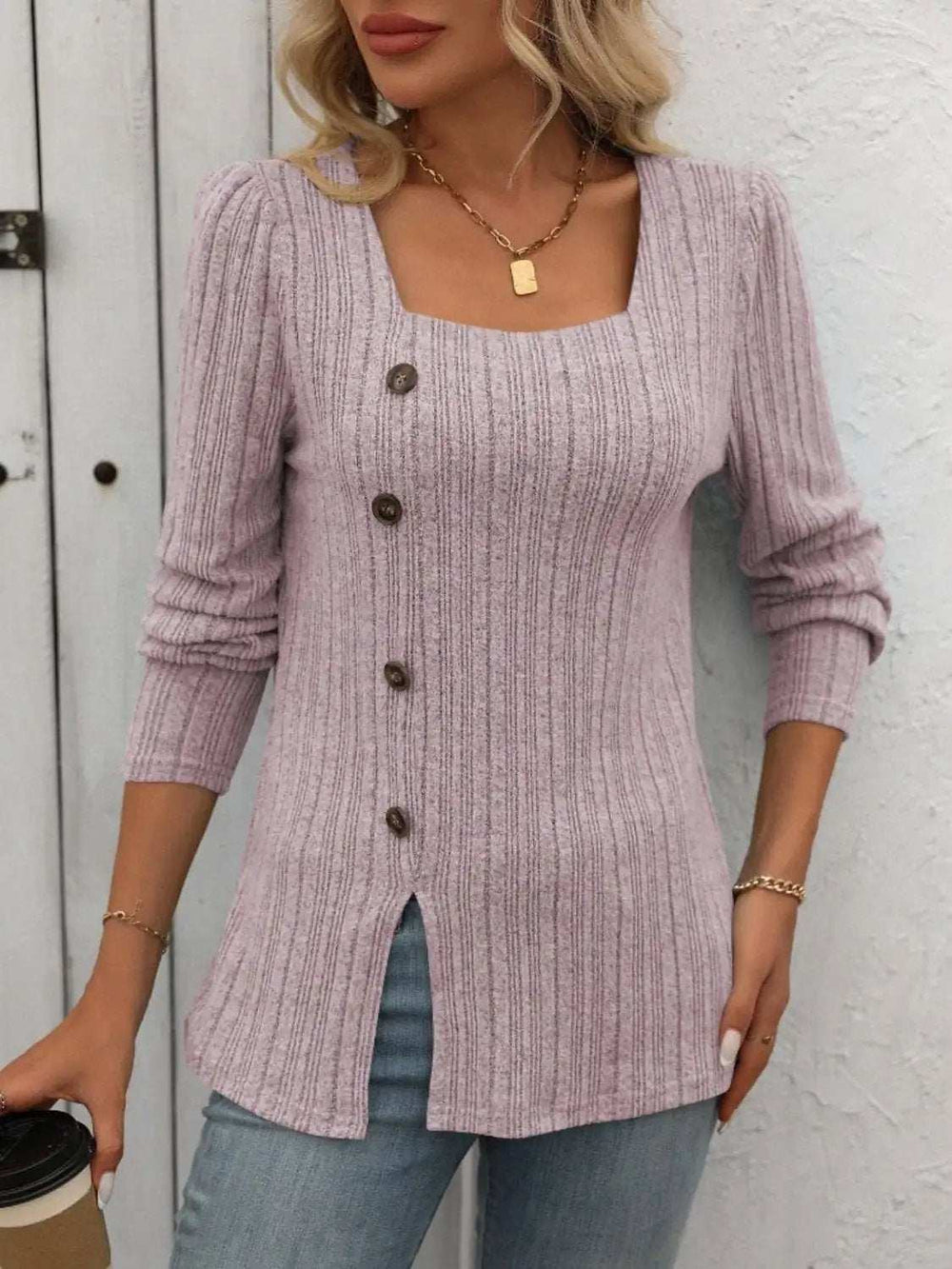 Decorative Button Striped Square Neck Long Sleeve T-Shirt - Trendsi - Flyclothing LLC
