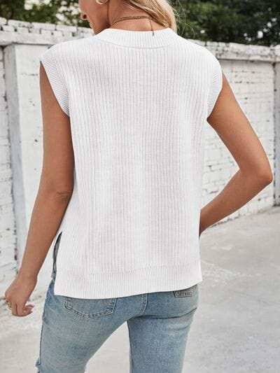Lovelet Ribbed Slit V-Neck Sweater Vest - Trendsi - Flyclothing LLC