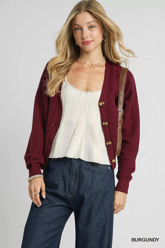 Umgee Chunky Cable Knit V-Neck Button-Up Cardigan - Trendsi - Flyclothing LLC