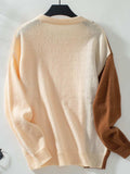 Two Tone Cable Knit Round Neck Long Sleeve Sweater - Trendsi - Flyclothing LLC