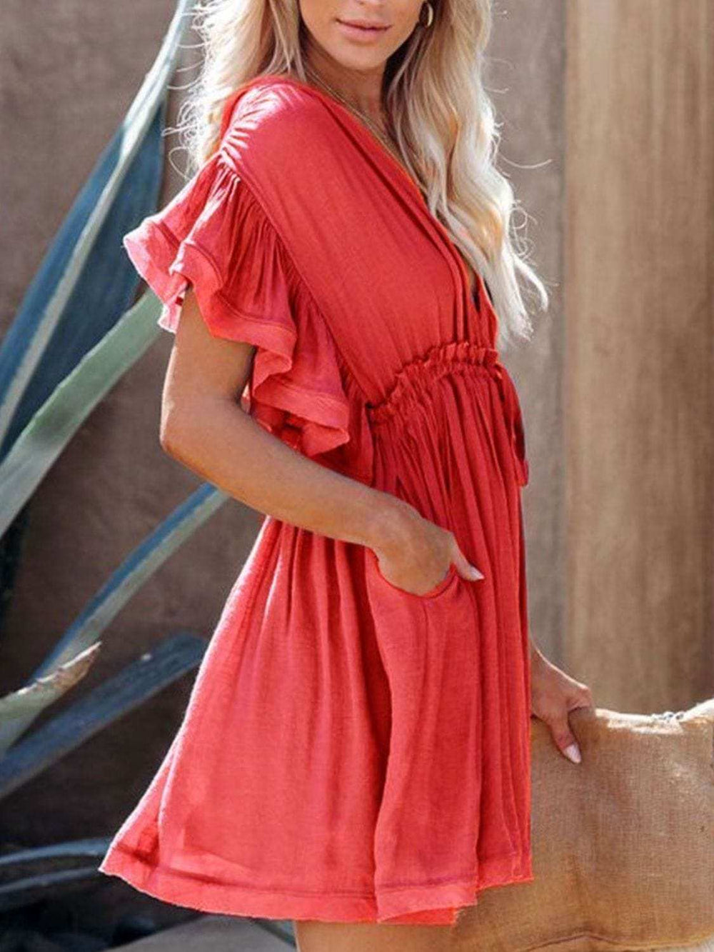 Drawstring Ruffled Half Sleeve Mini Dress - Trendsi - Flyclothing LLC