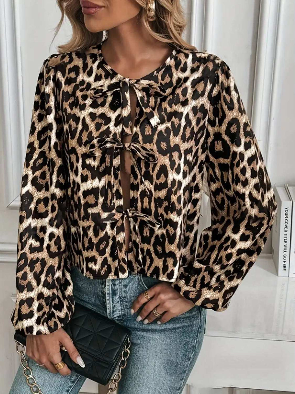 Tied Leopard Round Neck Long Sleeve Top - Trendsi - Flyclothing LLC