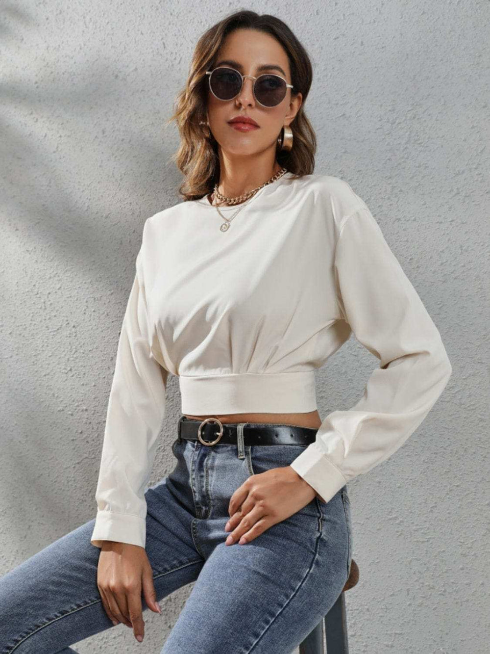 Round Neck Long Sleeve Blouse - Trendsi - Flyclothing LLC