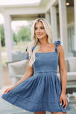 Square Neck Tie Shoulder Denim Dress - Trendsi - Flyclothing LLC