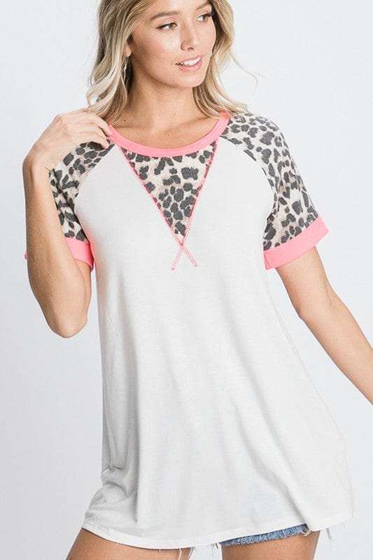 HeimishFull Size Leopard Round Neck Short Sleeve T-Shirt with Stitch Plus Size - Trendsi - Flyclothing LLC