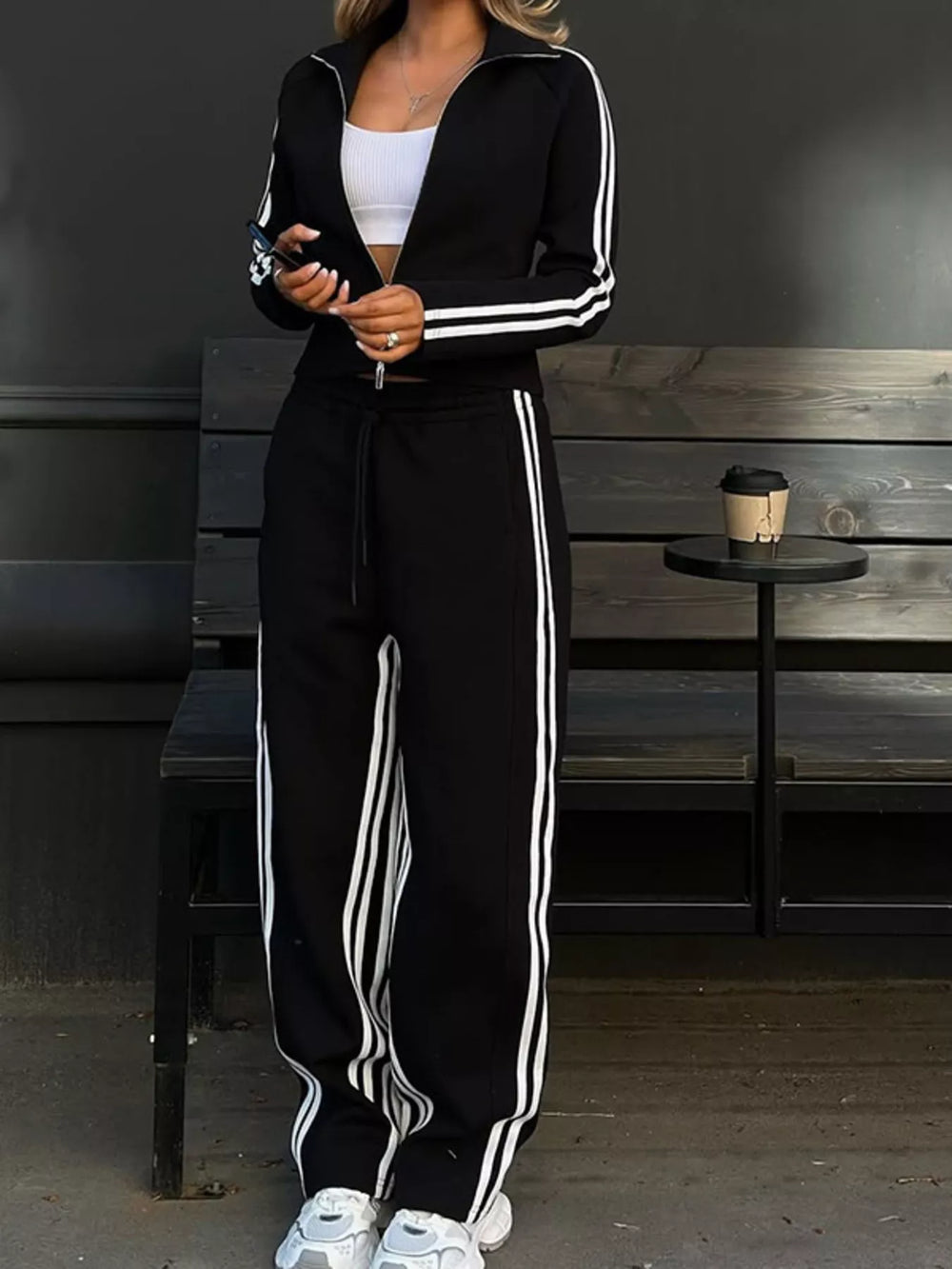 Striped Zip Up Top and Pants Set - Trendsi - Flyclothing LLC