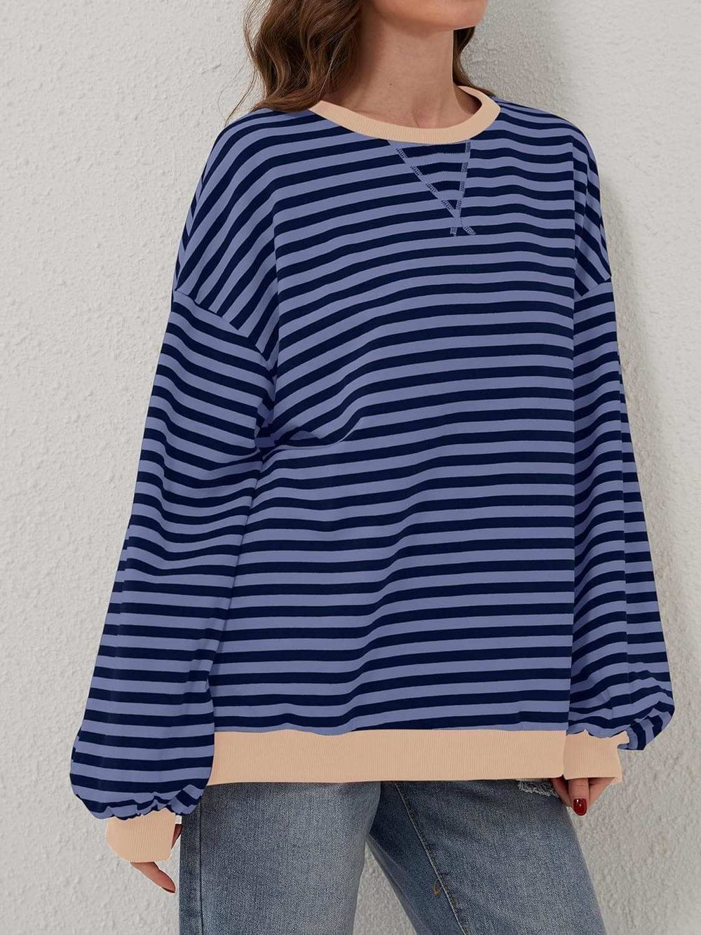 Contrast Striped Long Sleeve Sweatshirt - Trendsi - Flyclothing LLC