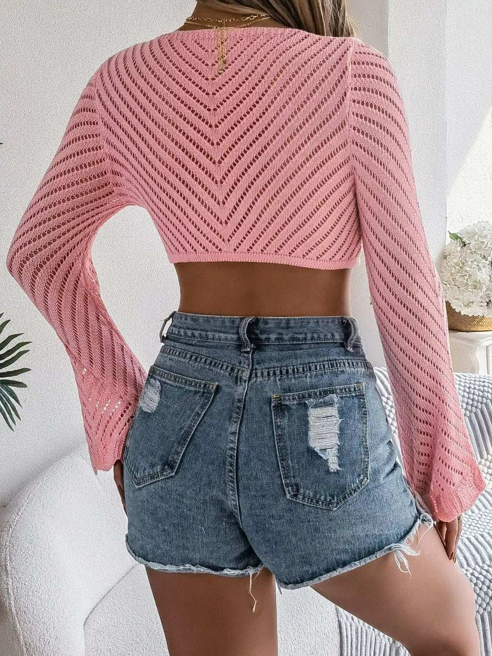 Openwork Tied Long Sleeve Knit Cover Up - Trendsi - Flyclothing LLC