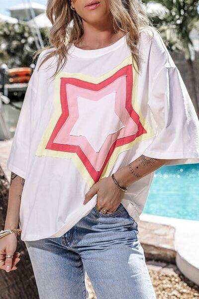 Color Block Star Patched Oversized T-Shirt - Trendsi - Flyclothing LLC