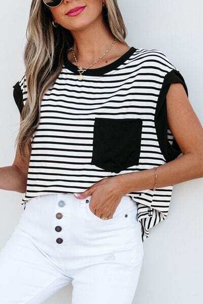 Striped Round Neck Cap Sleeve Top - Trendsi - Flyclothing LLC