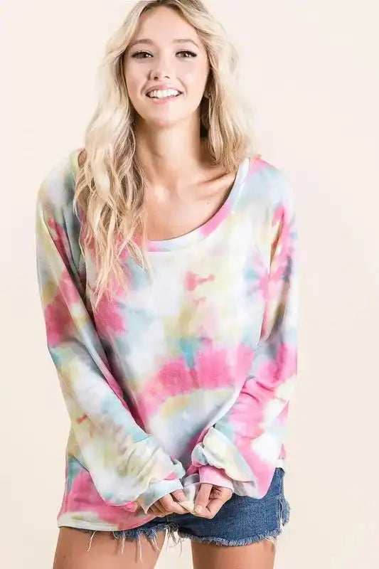 BiBi Tie Dye Print Terry Top With Puff Sleeves - Trendsi - Flyclothing LLC
