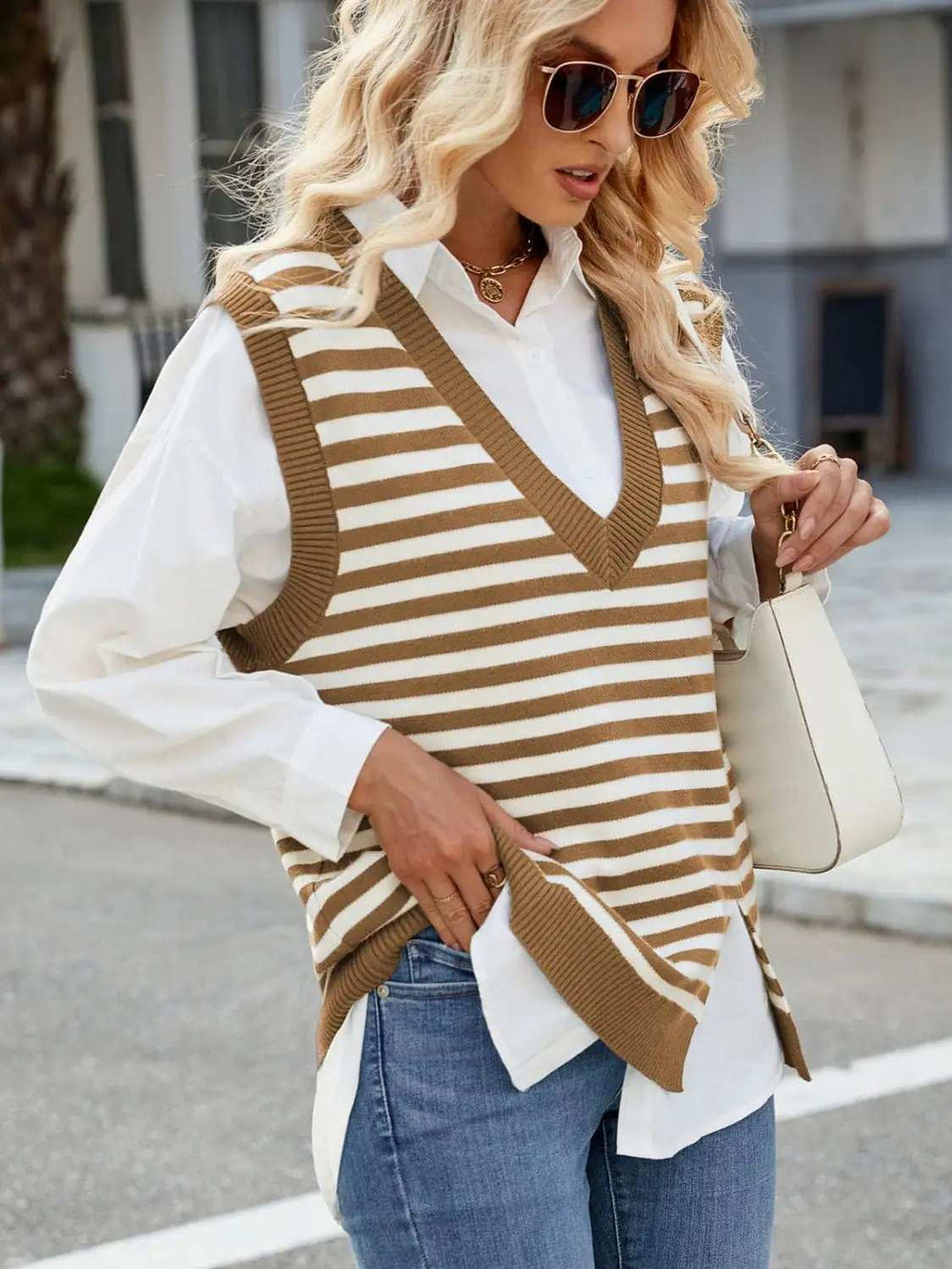 Slit V-Neck Striped Sweater Vest - Trendsi - Flyclothing LLC