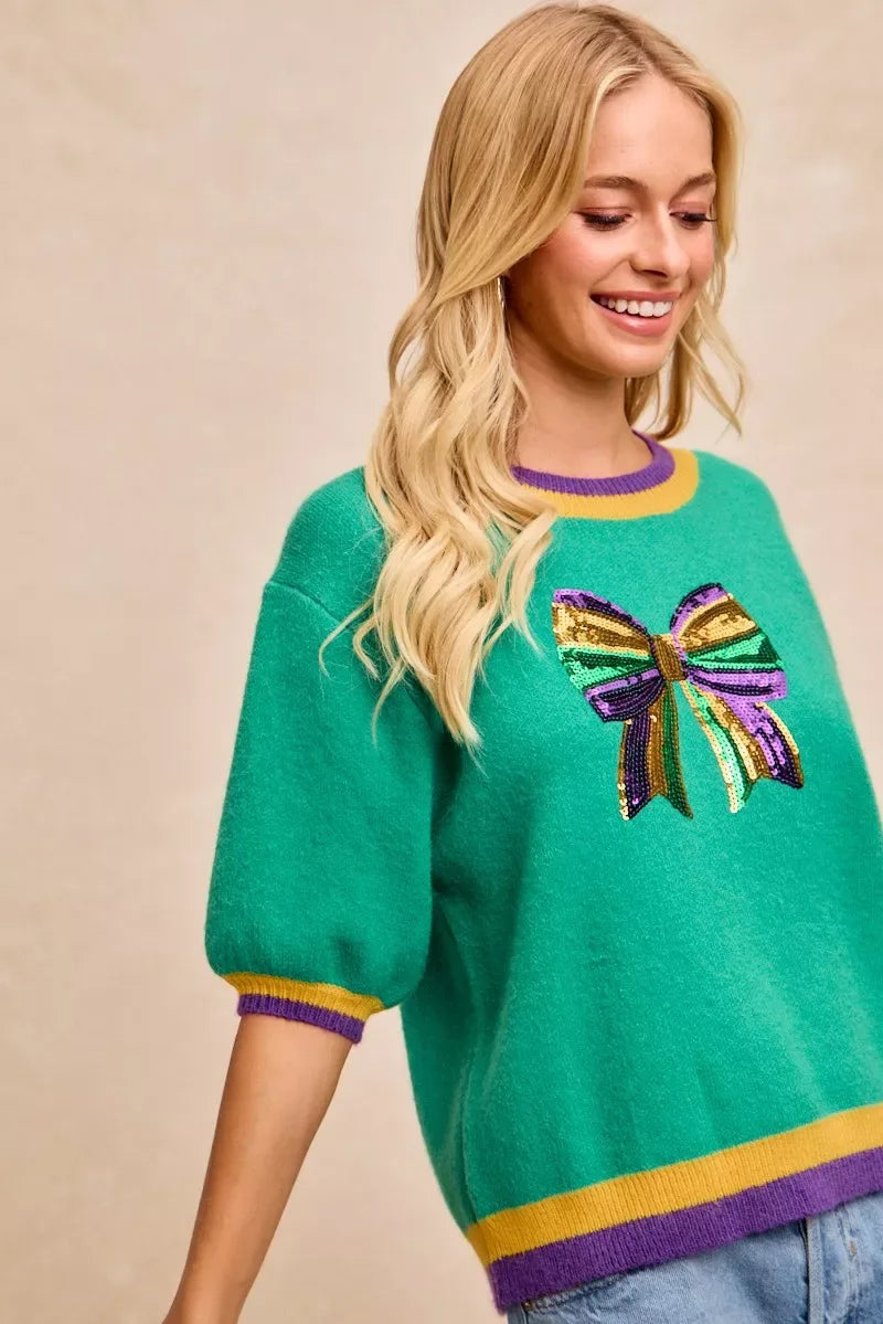 BiBi Mardi Gras Sequin Ribbon Patched Sweater - Trendsi - Flyclothing LLC