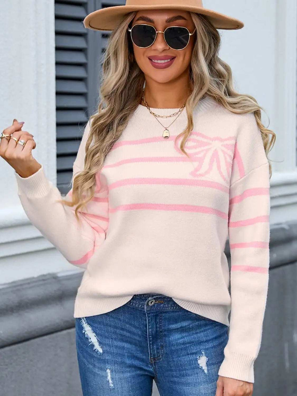 Striped Round Neck Long Sleeve Sweater - Trendsi - Flyclothing LLC