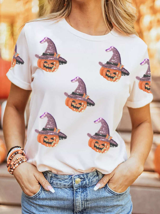 Sequin Pumpkin Witch Halloween Tee - Trendsi - Flyclothing LLC