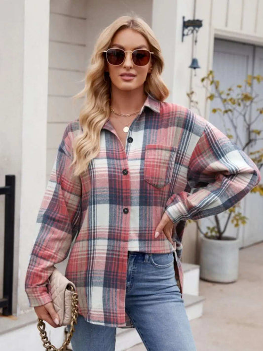 Pocketed Plaid Collared Neck Long Sleeve Shirt - Trendsi - Flyclothing LLC
