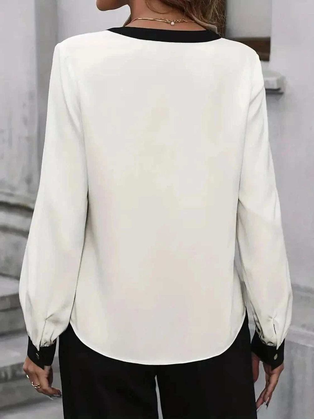 Contrast Notched Long Sleeve Blouse - Trendsi - Flyclothing LLC