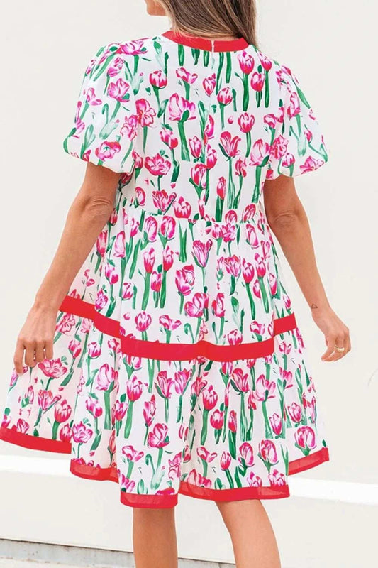 Floral Print Contrast Trim V Neck Bubble Short Sleeve Babydoll Dress - Trendsi - Flyclothing LLC