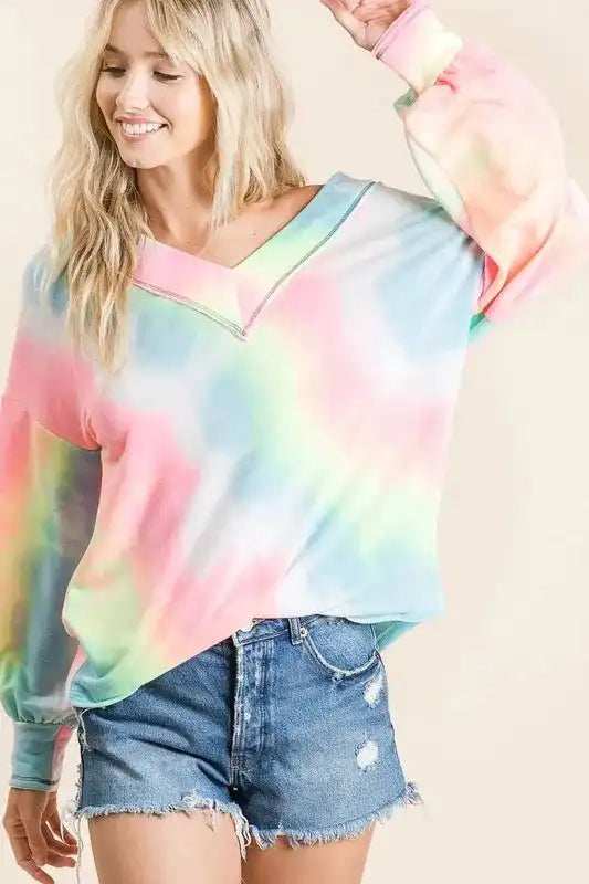 BiBi Tie Dye French Terry V-Neck Top with Puff Sleeves - Trendsi - Flyclothing LLC