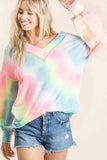 BiBi Tie Dye French Terry V-Neck Top with Puff Sleeves - Trendsi - Flyclothing LLC