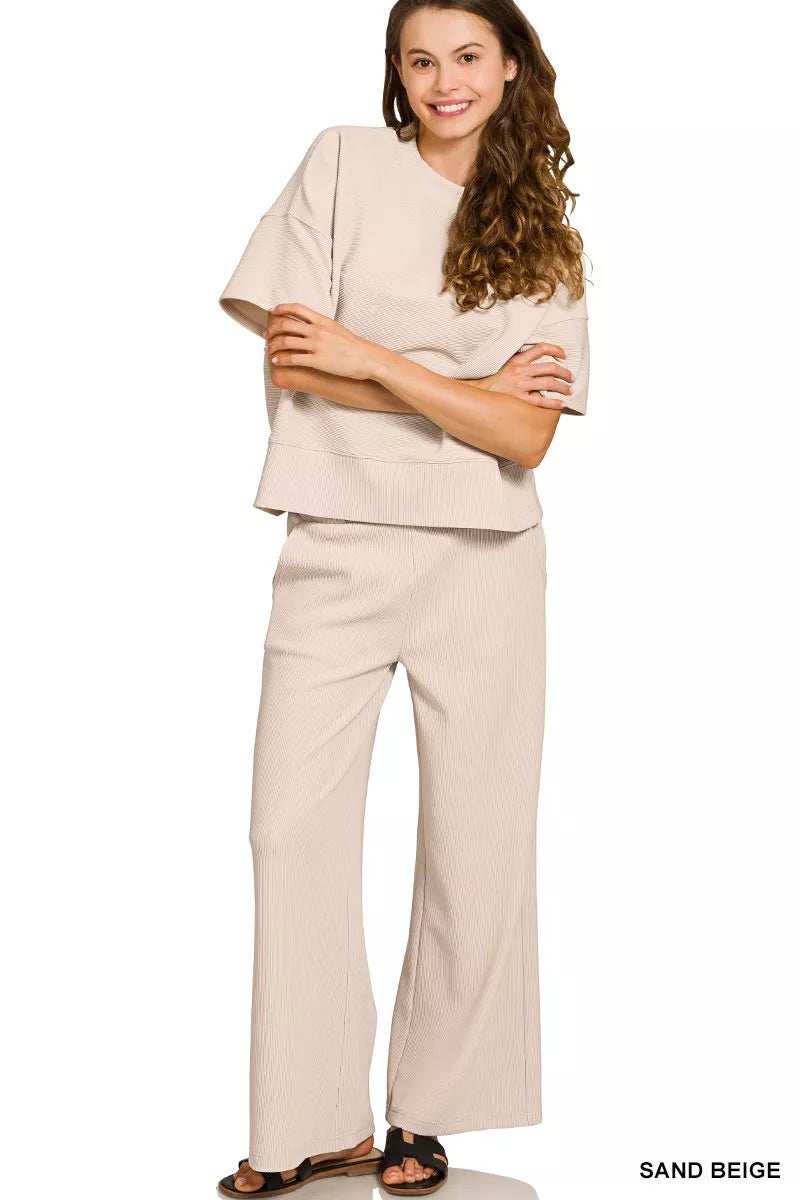 Zenana Ribbed Round Neck Tee & Pants Set - Trendsi - Flyclothing LLC