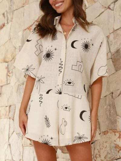 Printed Collared Neck Half Sleeve Romper - Trendsi - Flyclothing LLC