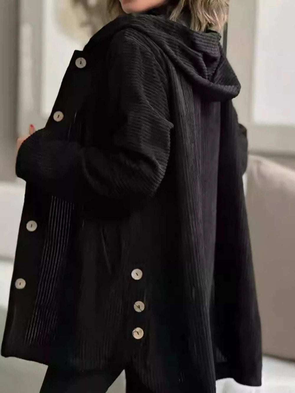 Full Size Corduroy Hooded Button-Up Jacket Plus Size - Trendsi - Flyclothing LLC