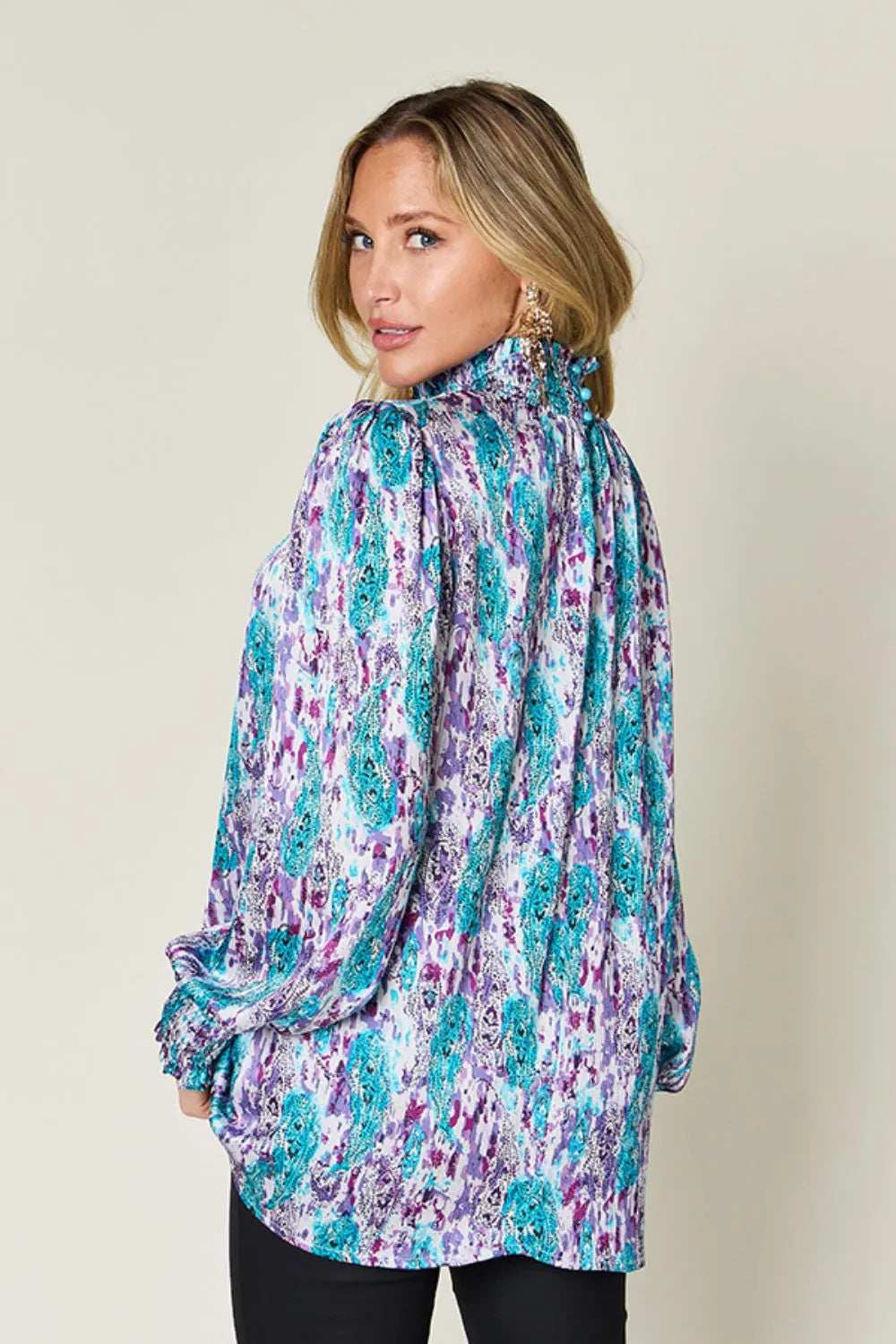 Double Take Full Size Printed Smocked Long Sleeve Blouse - Trendsi - Flyclothing LLC