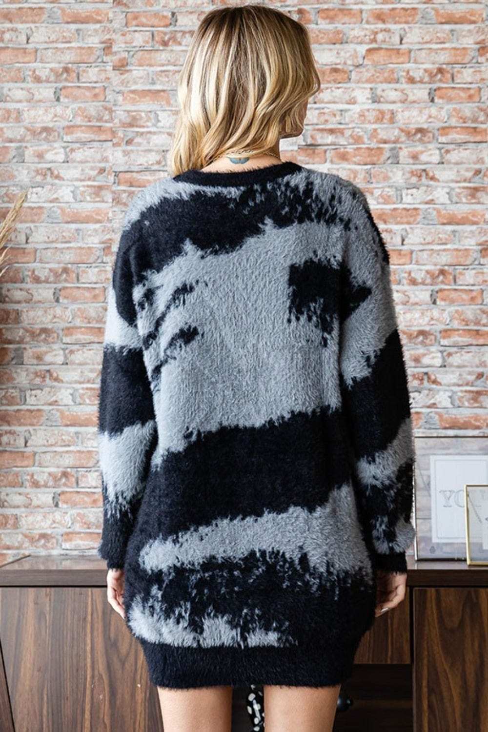 First Love Full Size Abstract Pattern Contrast Feather Yarn Sweater - Trendsi - Flyclothing LLC