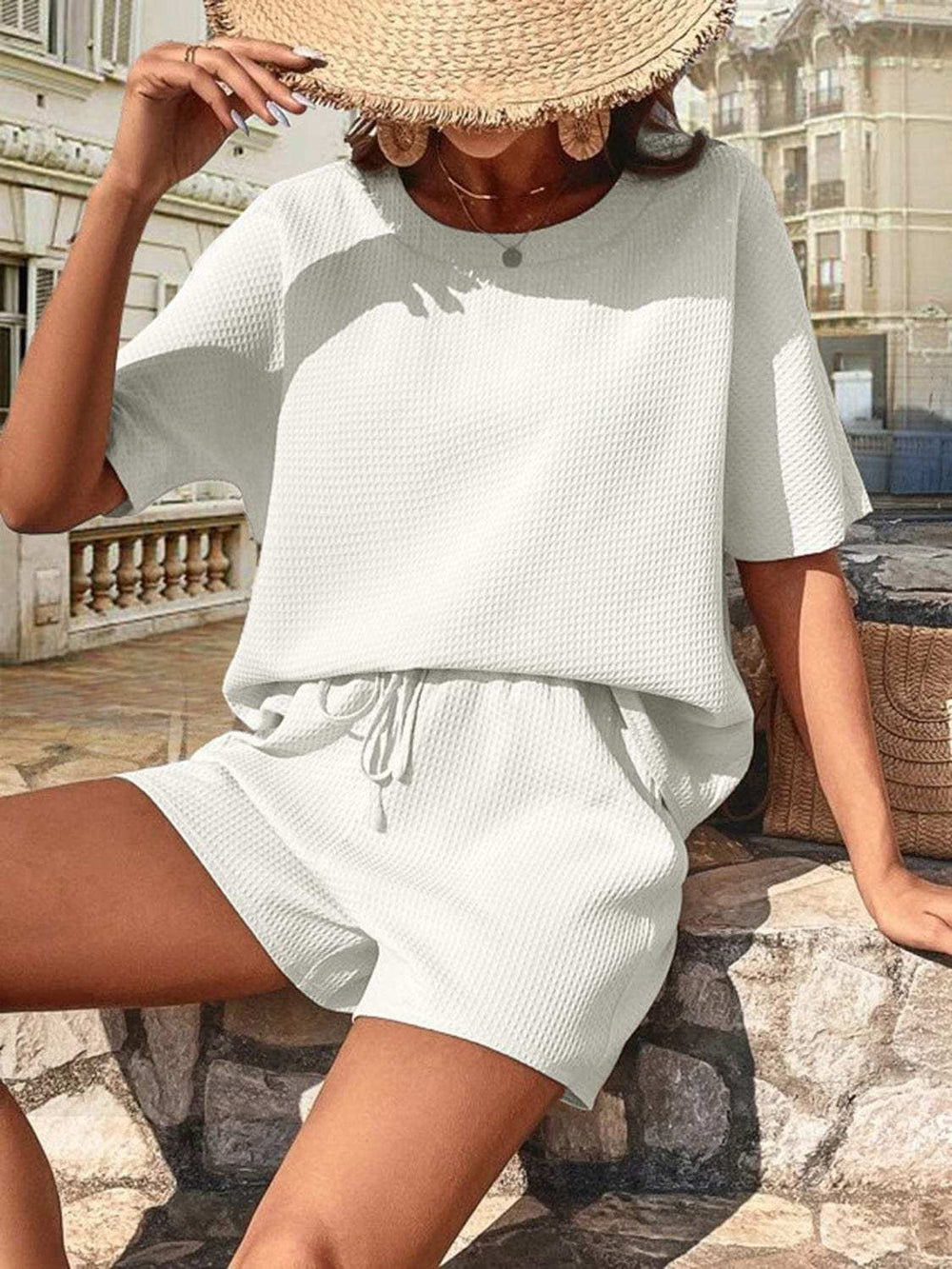 Waffle-Knit Half Sleeve Top and Shorts Set - Trendsi - Flyclothing LLC