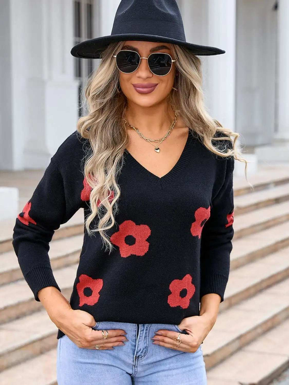 Flower V-Neck Long Sleeve Sweater - Trendsi - Flyclothing LLC