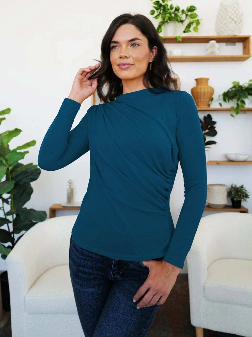 Ruched Mock Neck Long Sleeve T-Shirt - Trendsi - Flyclothing LLC