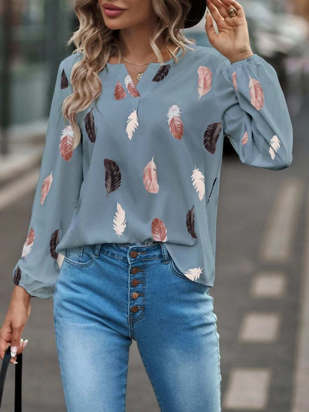 Feather Print Notched Balloon Sleeve Top - Trendsi - Flyclothing LLC