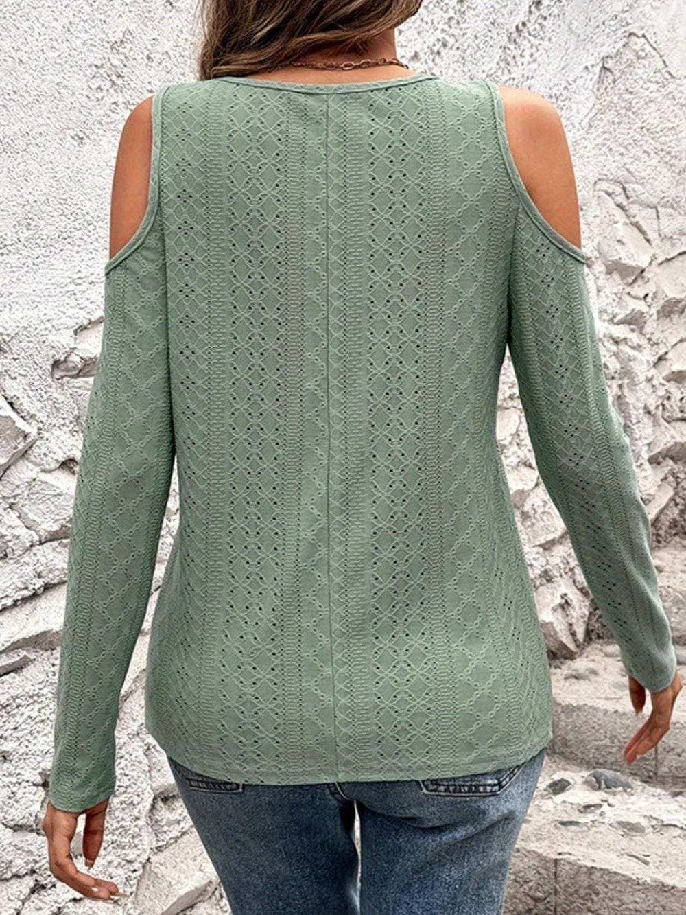 Full Size Eyelet V-Neck Cold Shoulder T-Shirt - Trendsi - Flyclothing LLC