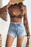 Printed Mock Neck Flare Sleeve Top - Trendsi - Flyclothing LLC