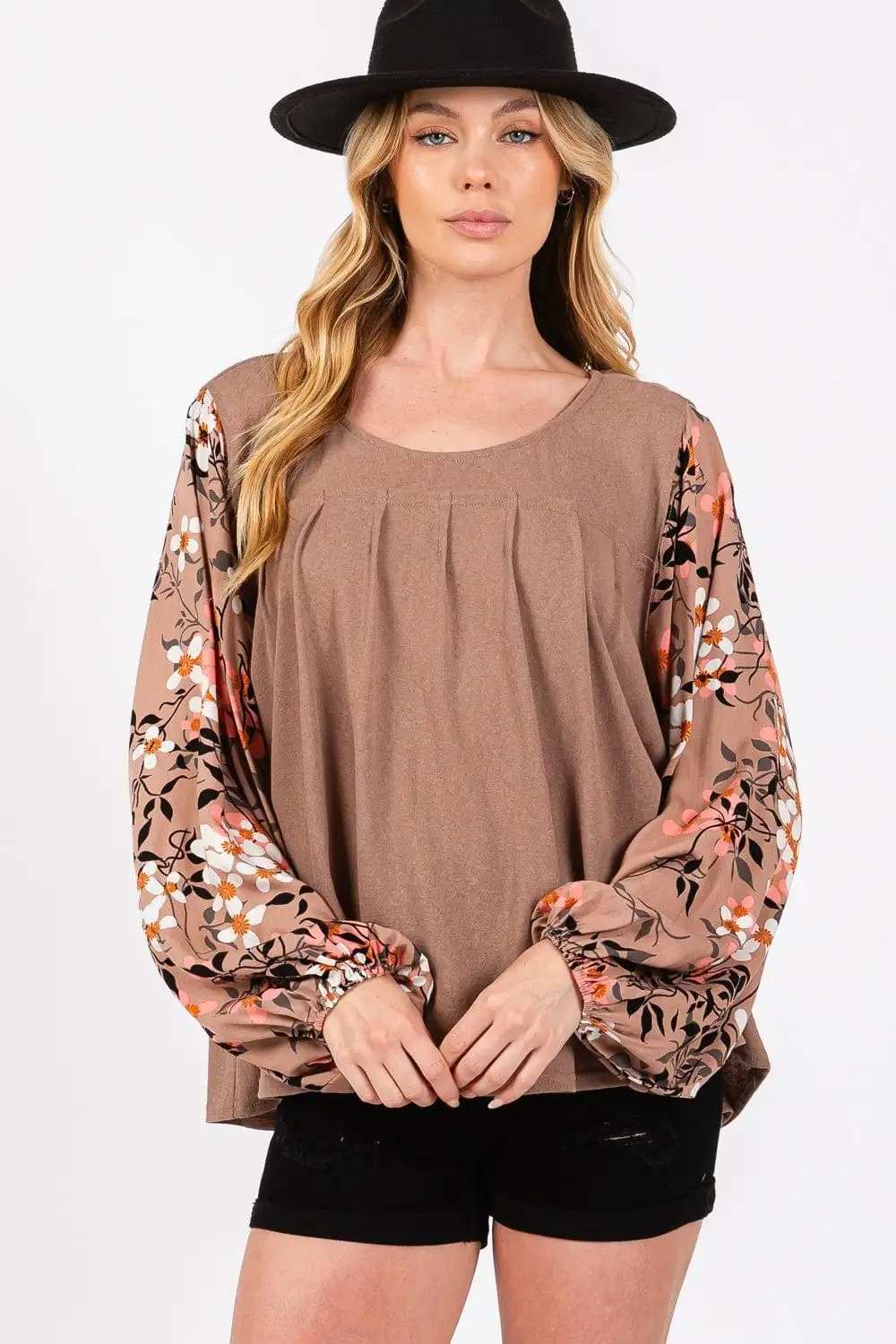 SAGE + FIG Floral Long Sleeve Front Pleated Detail Blouse - Trendsi - Flyclothing LLC