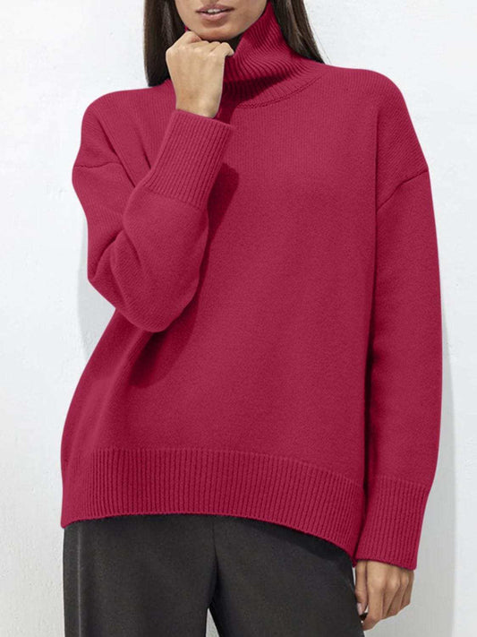 Turtleneck Drop Shoulder Long Sleeve Sweater - Trendsi - Flyclothing LLC
