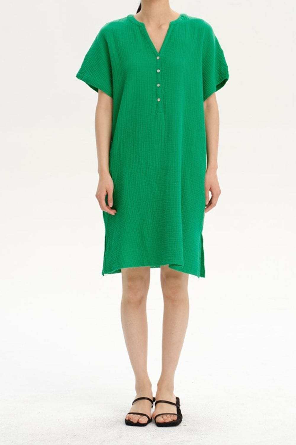 Slit Notched Short Sleeve Mini Dress - Trendsi - Flyclothing LLC