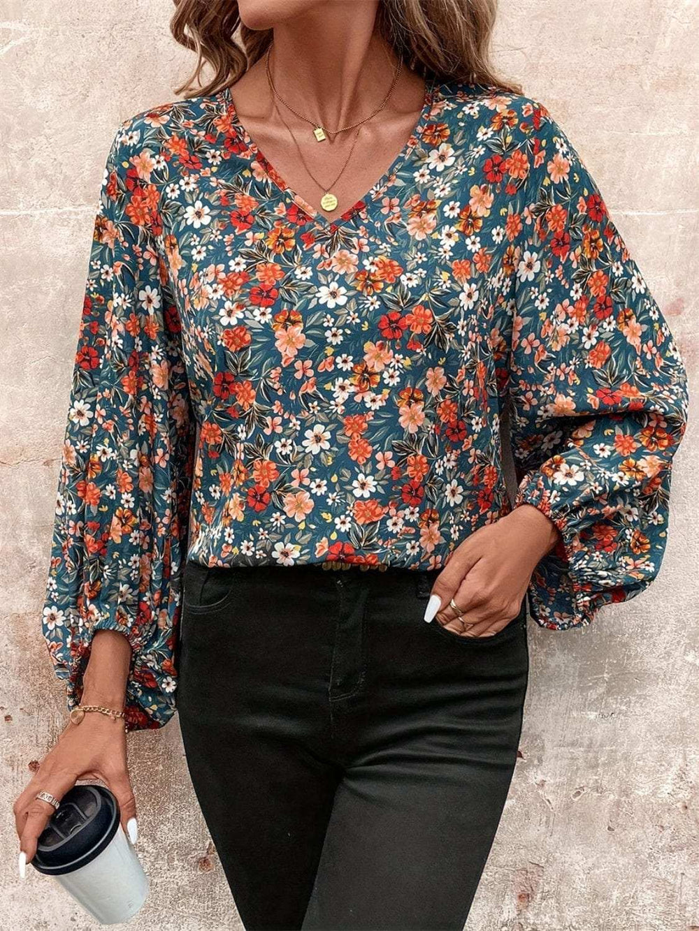 Printed V-Neck Balloon Sleeve Blouse - Trendsi - Flyclothing LLC