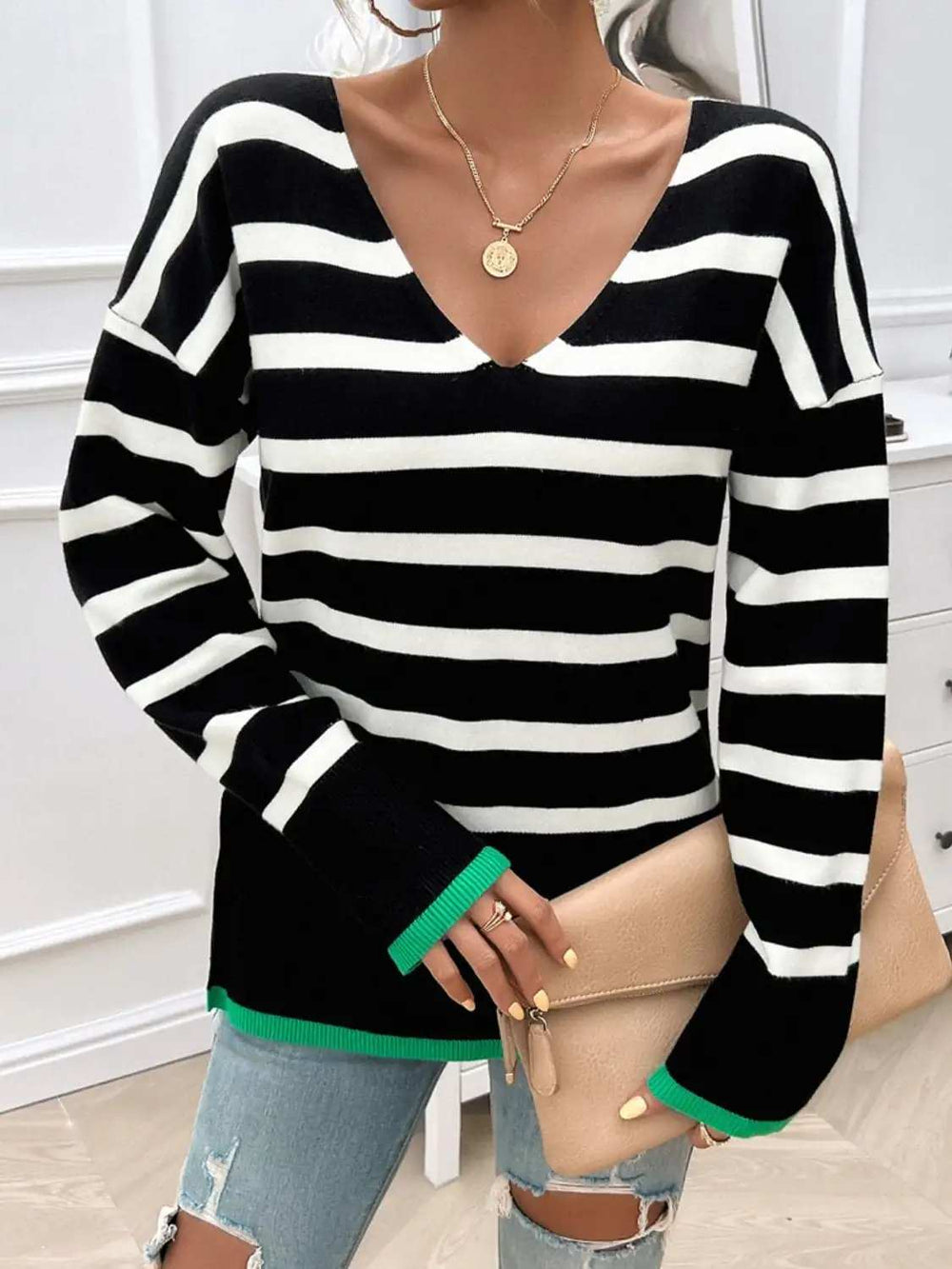 Striped V-Neck Long Sleeve Knit Top - Trendsi - Flyclothing LLC