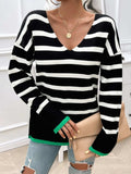 Striped V-Neck Long Sleeve Knit Top - Trendsi - Flyclothing LLC