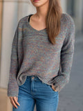 Heathered V-Neck Long Sleeve Sweater - Trendsi - Flyclothing LLC