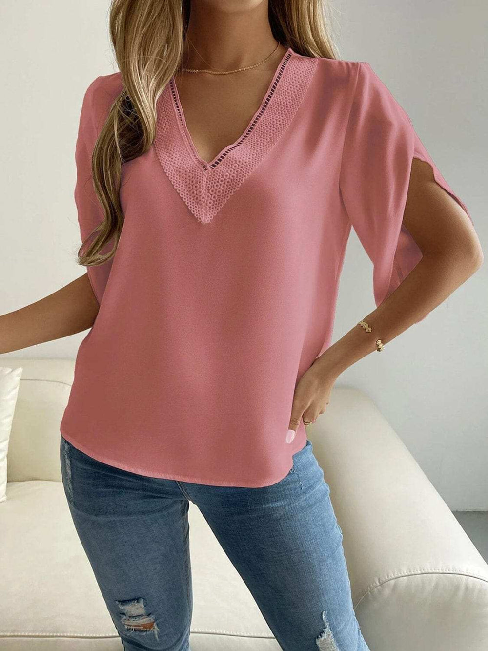 V-Neck Short Sleeve Blouse - Trendsi - Flyclothing LLC